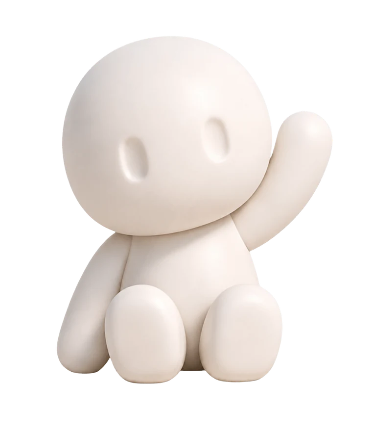 Tiny sitting and waving in a pale, smooth reference appearance